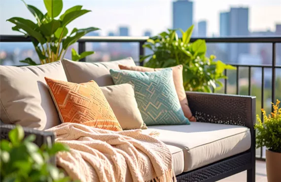 sonniger balkon in der stadt mit bunten pölstern und grünen pflanzen