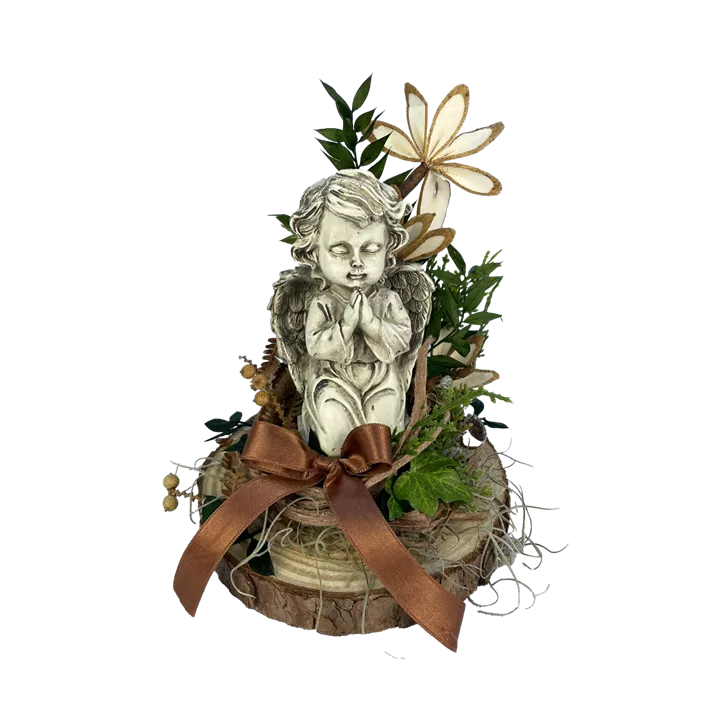 Urnen Arrangement Rindenscheibe mit Engel