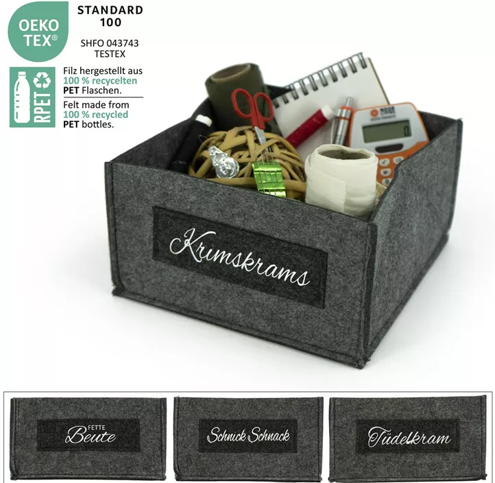 Aufbewahrungskörbchen Filz mit Schrift